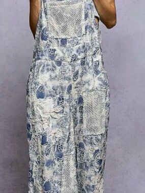 POL Blue Patchwork Lace Denim Overalls